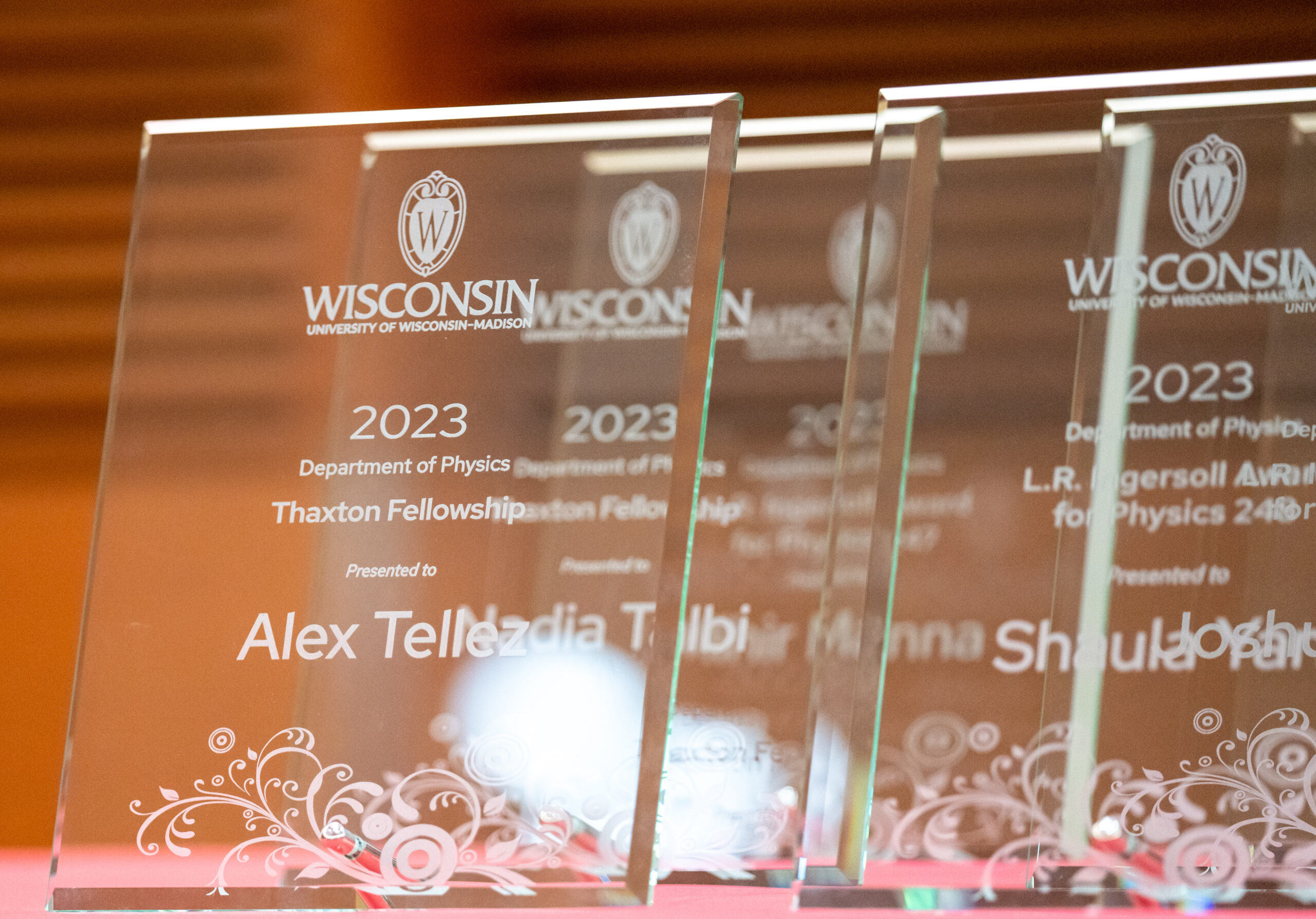 a table holds all the glass plaques to be handed out